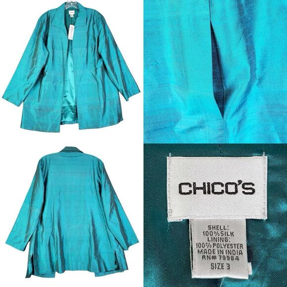 Chicos Travelers Jacket Blazer Women’s Size 3 US XL Open Front Teal Silk New - Picture 1 of 9
